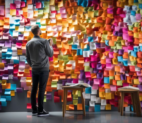 Imagen de un joven de espaldas mirando un mapa lleno de Post it de diferentes colores, es la foto identificativa del artículo de "CUANDO LA IA SUSTITUYE AL BECARIO: ¿ESTÁ EN RIESGO EL FUTURO DEL TALENTO JOVEN?"  de Silvia Leal sobre el impacto de la IA en el empleo de los jóvenes