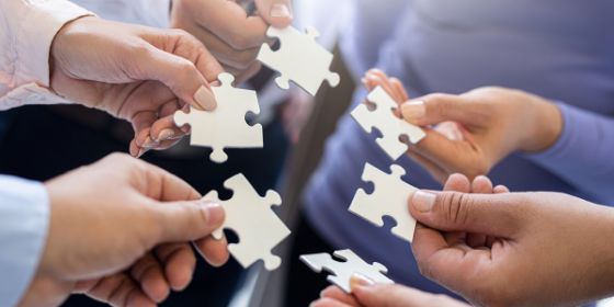 La foto muestra un grupo de manos sujetando piezas de puzzle.