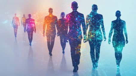 Imagen de varias personas de traje caminando hacia delante con líneas de colores que sugieren la idea de digitalización en el empleo