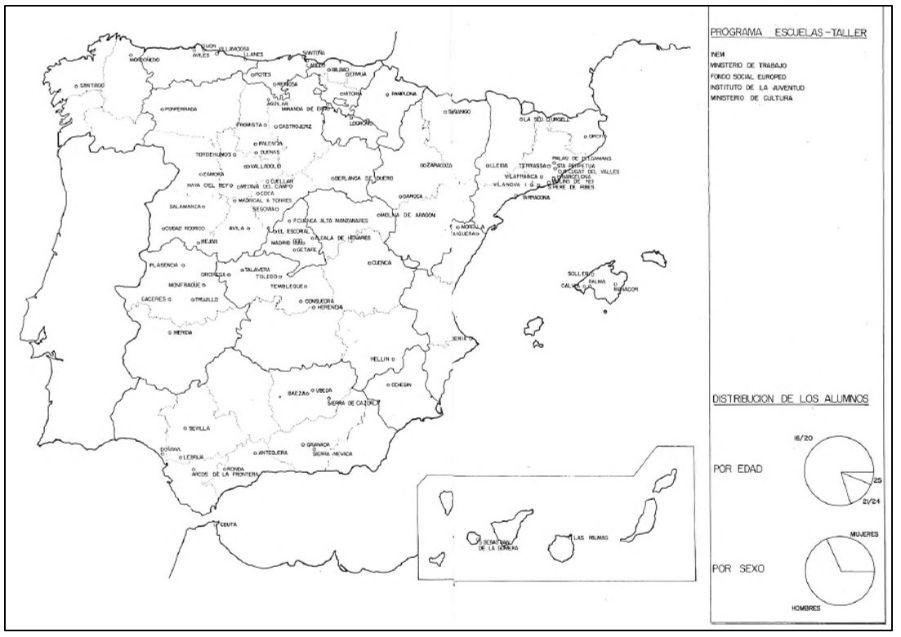 Mapa que muestra la distribución territorial de las escuelas taller