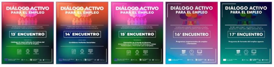 Imagen con los carteles promocionales de los encuentros 13 al 17 de los Diálogos activos para el empleo