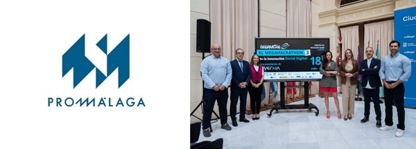 Personas delante del cartel de GeneraciónFP, El Megahackathon