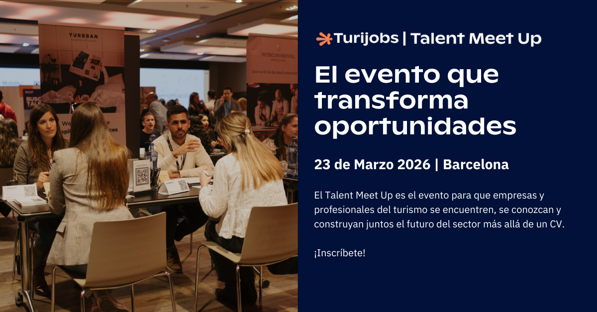 Imagen de la Feria de empleo organizada por Turijobs que se celebrará en Barcelona el 23 de marzo de 2026, en la que aparecen entrevistas a varias personas que buscan trabajo en el sector turístico.