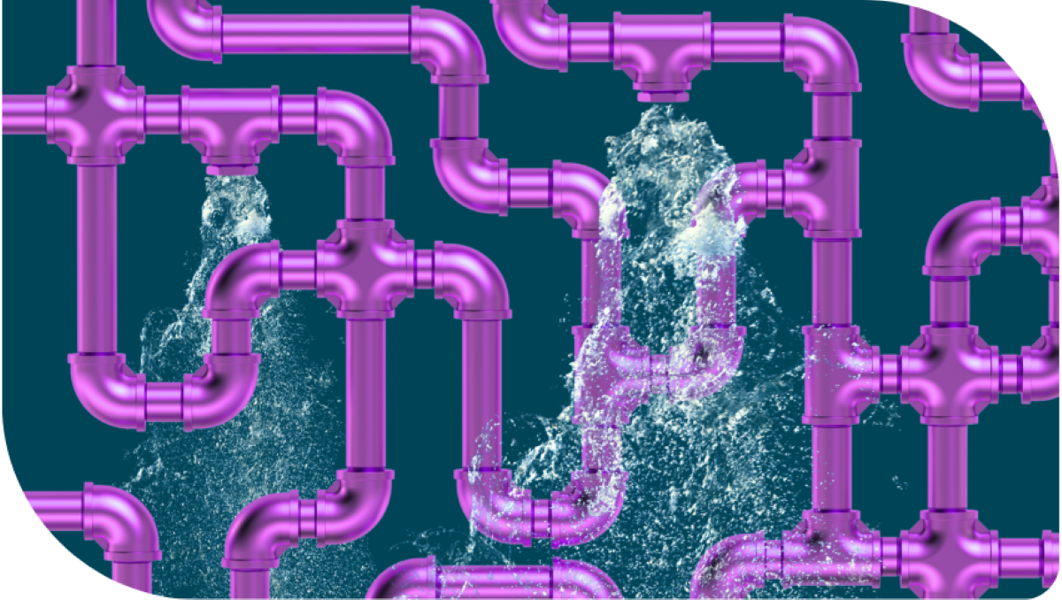 Imagen de muchas tuberías de color violeta sobre fondo azul. Algunas de ellas tienen fugas de agua.