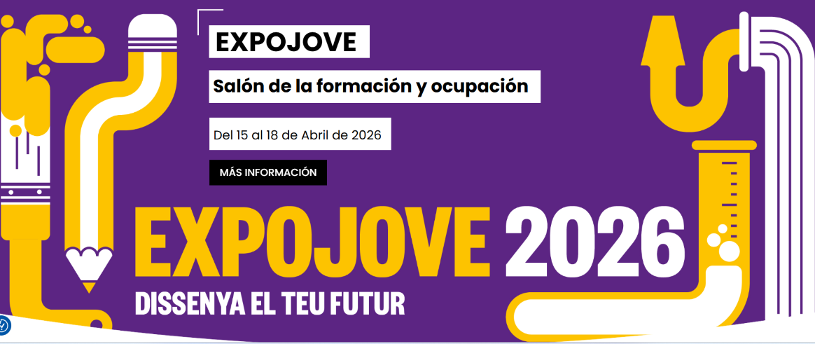 Cartel EXPOJOVE 2026. Fondo morado con varios objetos dibujados a izquierda y derecha en tonos amarillos y blancos (un lápiz, una brocha, etc). En el centro viene información del evento en texto.
