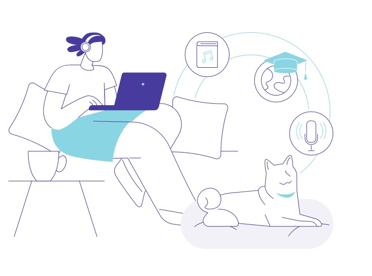 Representación mediante un dibujo coloreado de una mujer joven con cascos y ordenador 