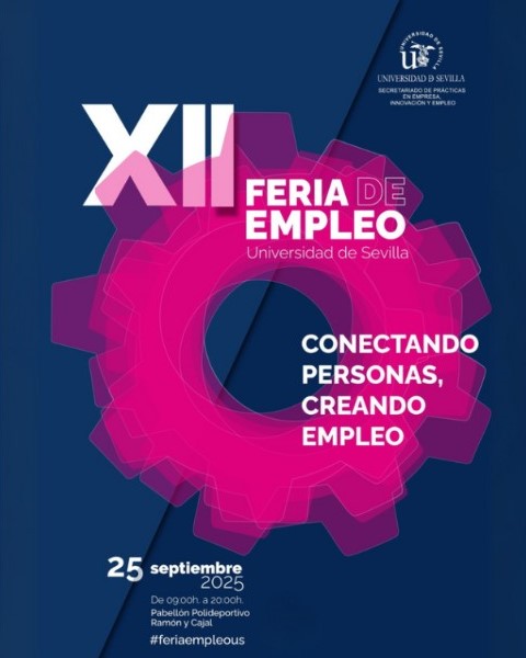 Imagen promocional de la Feria de Empleo XII de la Universidad de Sevilla que presenta la información sobre el evento, una imagen de una tuerca rosa fucsia sobre un fondo azul oscuro y el eslogan de la feria: Conectando personas, creando empleo.  