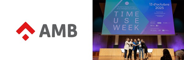 Imagen con logo de área metropolitana de Barcelona y ponentes uniendo sus manos en el escenario del Time Use Week