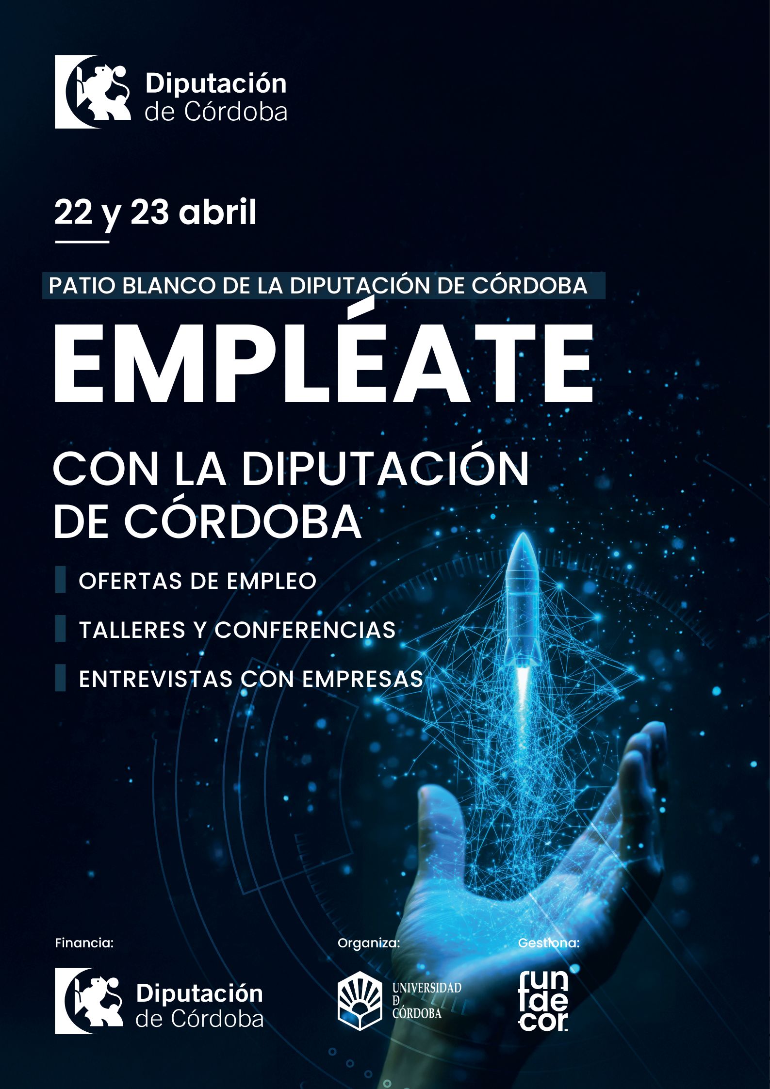 Texto en letras blancas sobre fondo negro con los datos del foro. La fecha del 22 y 23 de abril en el Patio Blanco de la Diputación de Córdoba.