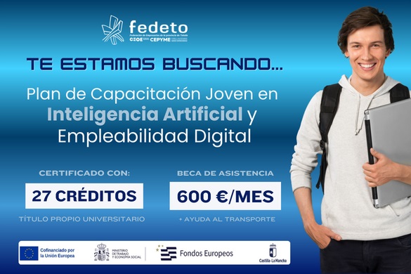 Foto del evento donde se promociona curso de inteligencia artificial, donde se dan 27 creditos de una universidad y 600 euros de beca.<br/><br/>En la imagen se puede leer: Te estamos buscando... Plan de Captación Joven en Inteligencia Artificial y Empleabilidad Digitial