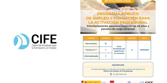 Logotipo de CIFE, a la derecha, y a la izquierda. logo de Programa Público de Empleo y Formación para la Activación Profesional, con puestos, requisitos, duración e inicio. 
